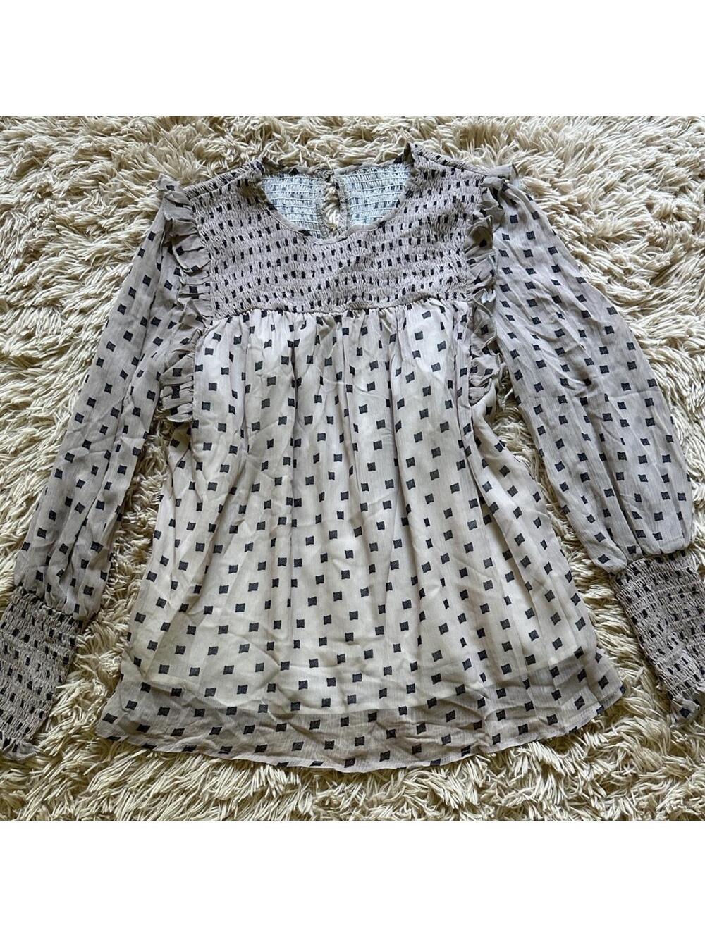 Sheer Long Sleeve Polka Dot Blouse with Smocked Details Size S